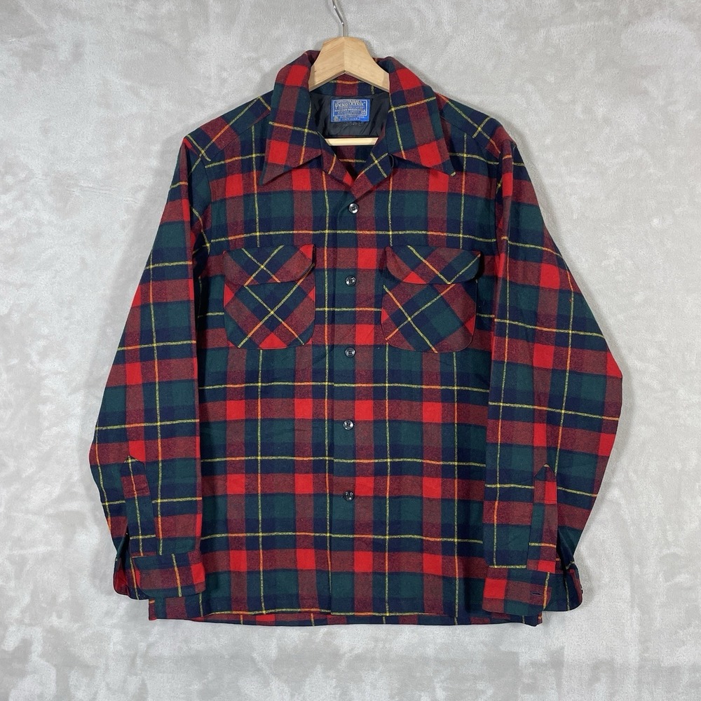 Vtg 70s Pendleton Loop Collar Board Shirt Mens Medium Plaid Wool MINT EXCELLENT